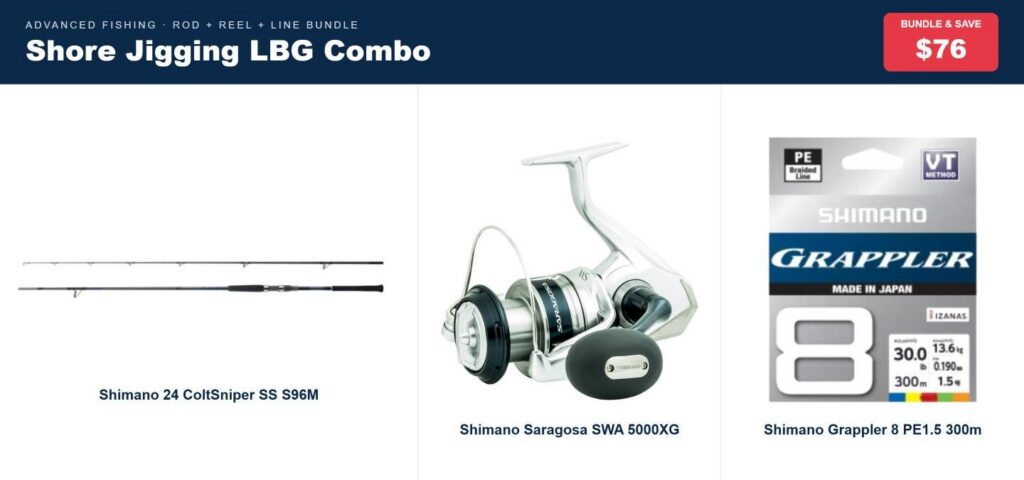 Shore Jigging LBG Combo | ColtSniper SS S96M Rod, Saragosa 5000XG Reel & Grappler PE1.5 Braid