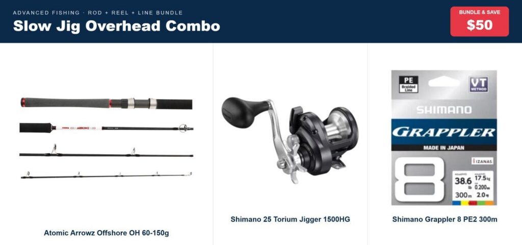 Slow Jig Overhead Combo | Arrowz Offshore OH 60-150g Rod, Torium Jigger 1500HG Reel & Grappler PE2 Braid