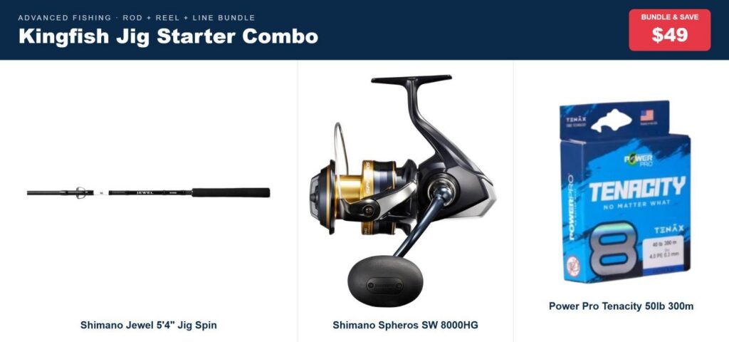 Kingfish Jig Starter Combo | Jewel 5'4" Jig Rod, Spheros SW 8000HG Reel & Power Pro 50lb