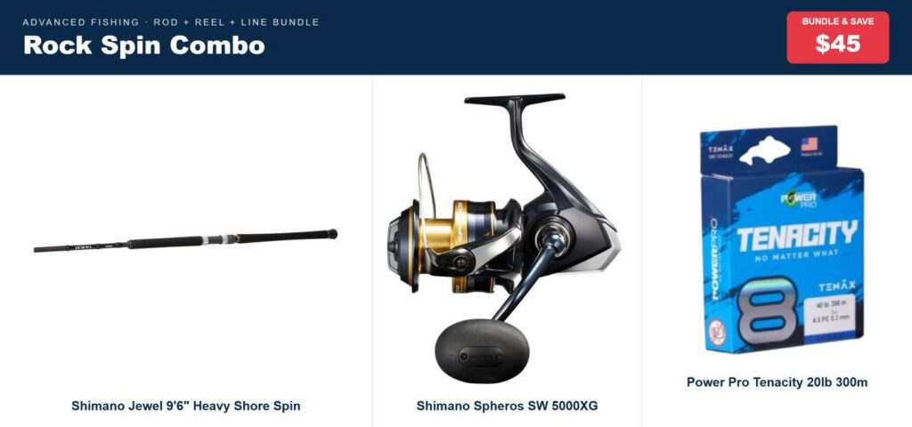 Rock Spin Combo | Jewel 9'6" Shore Spin Rod, Spheros SW 5000XG Reel & Power Pro 20lb