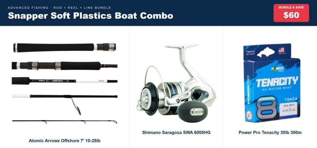Snapper Soft Plastics Boat Combo | Arrowz Offshore 7' 10-25lb Rod, Saragosa 6000HG Reel & Power Pro 30lb