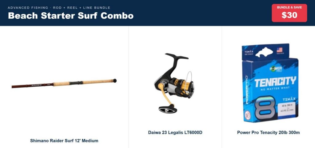 Beach Starter Surf Combo | Raider Surf 12' Rod, Legalis LT6000D Reel & Power Pro 20lb
