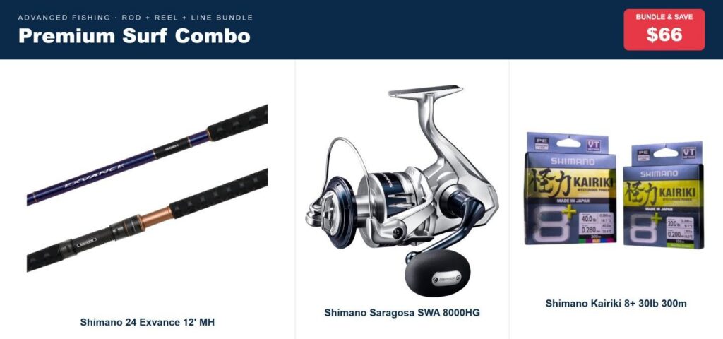 Premium Surf Combo | Exvance 12' MH Rod, Saragosa 8000HG Reel & Kairiki 30lb Braid